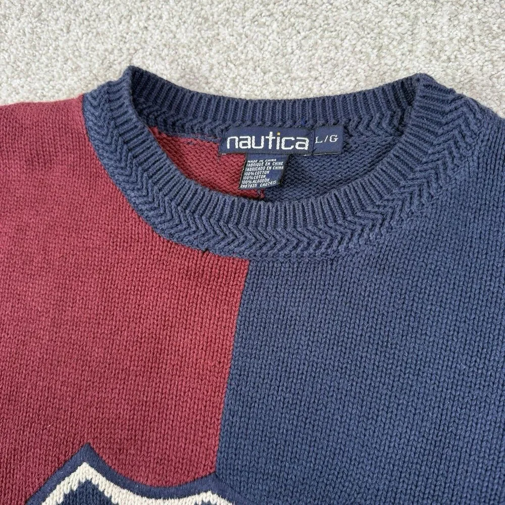 VTG 90s Nautica Preppy Sweater Red Blue‎ Color Block Crest Sz L